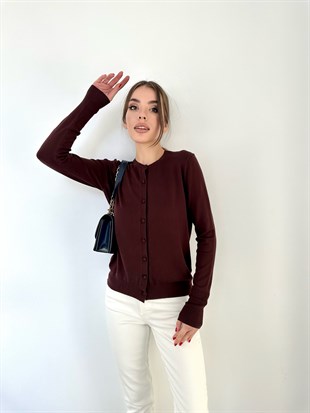 Kahve Bisiklet Yaka Düğmeli Basic Hırka