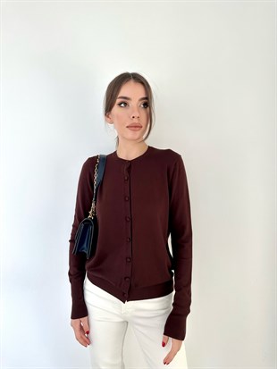 Kahve Bisiklet Yaka Düğmeli Basic Hırka