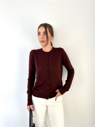 Kahve Bisiklet Yaka Düğmeli Basic Hırka