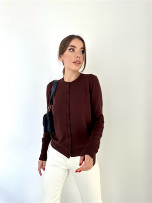 Kahve Bisiklet Yaka Düğmeli Basic Hırka