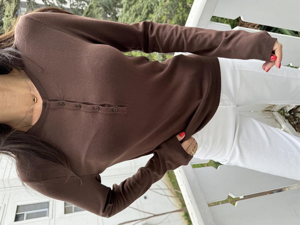 Kahve Bisiklet Yaka Düğmeli Basic İnce Triko