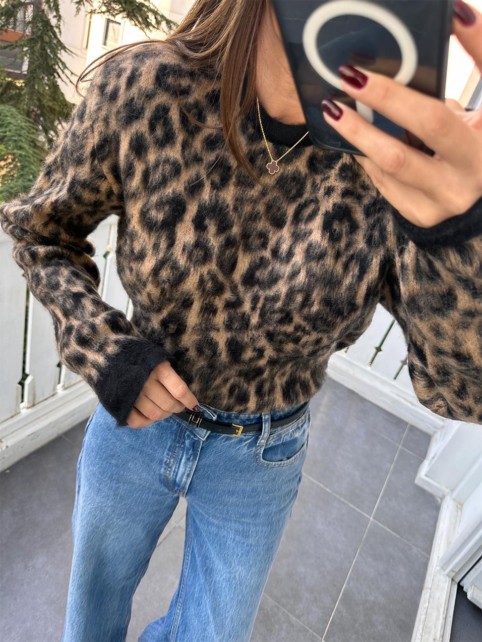 Kahve Bisiklet Yaka Leopar Sakallı Kazak