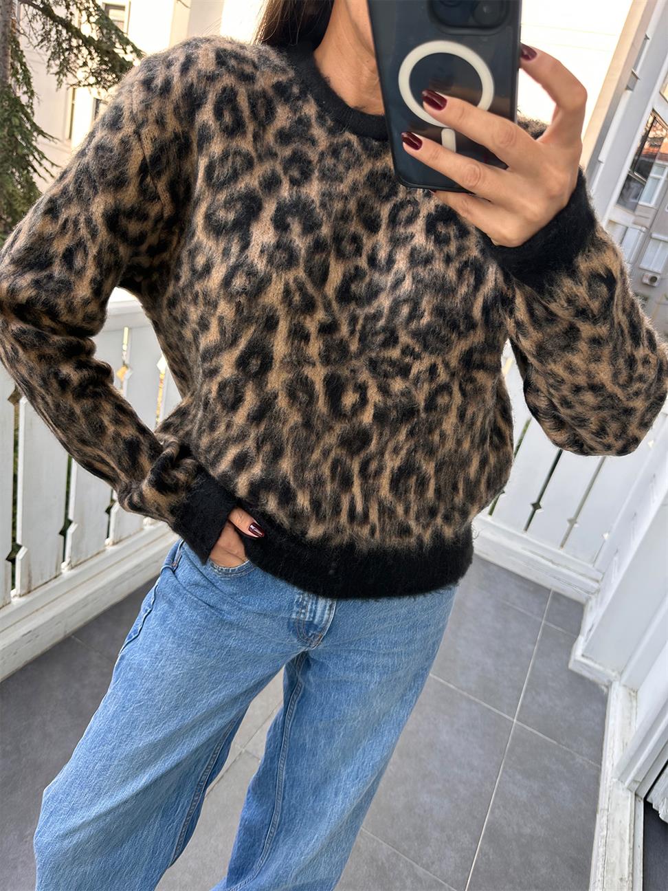 Kahve Bisiklet Yaka Leopar Sakallı Kazak