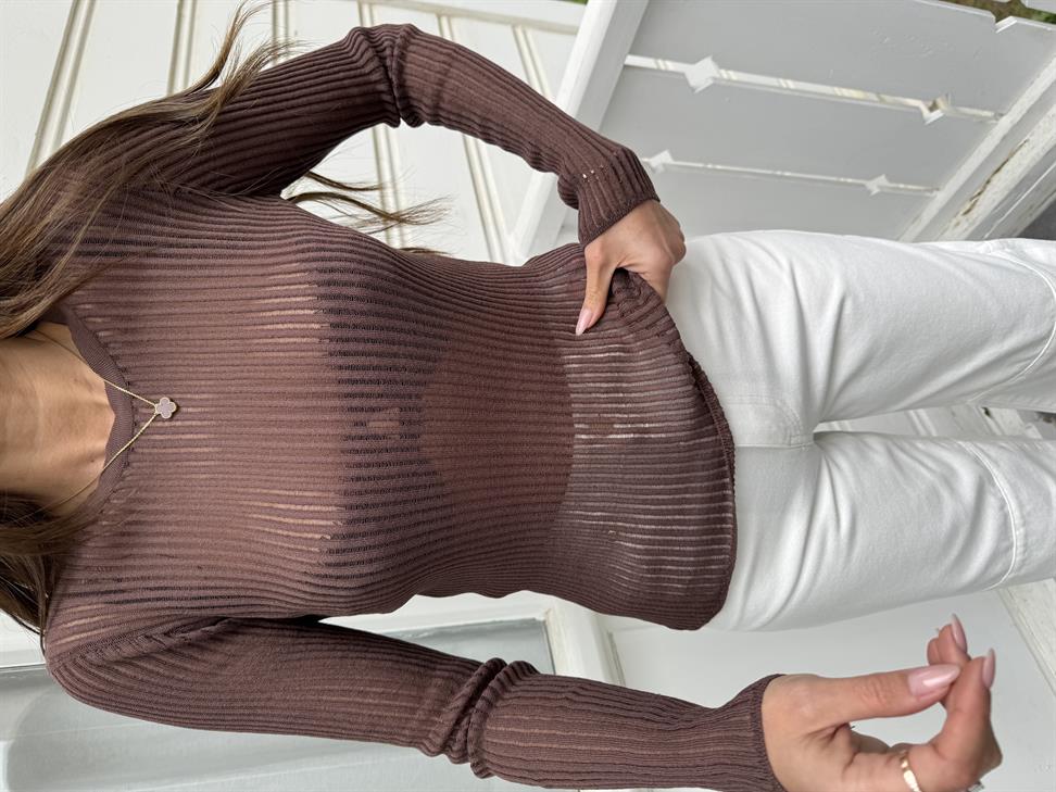 Kahve Bisiklet Yaka Transparan Triko