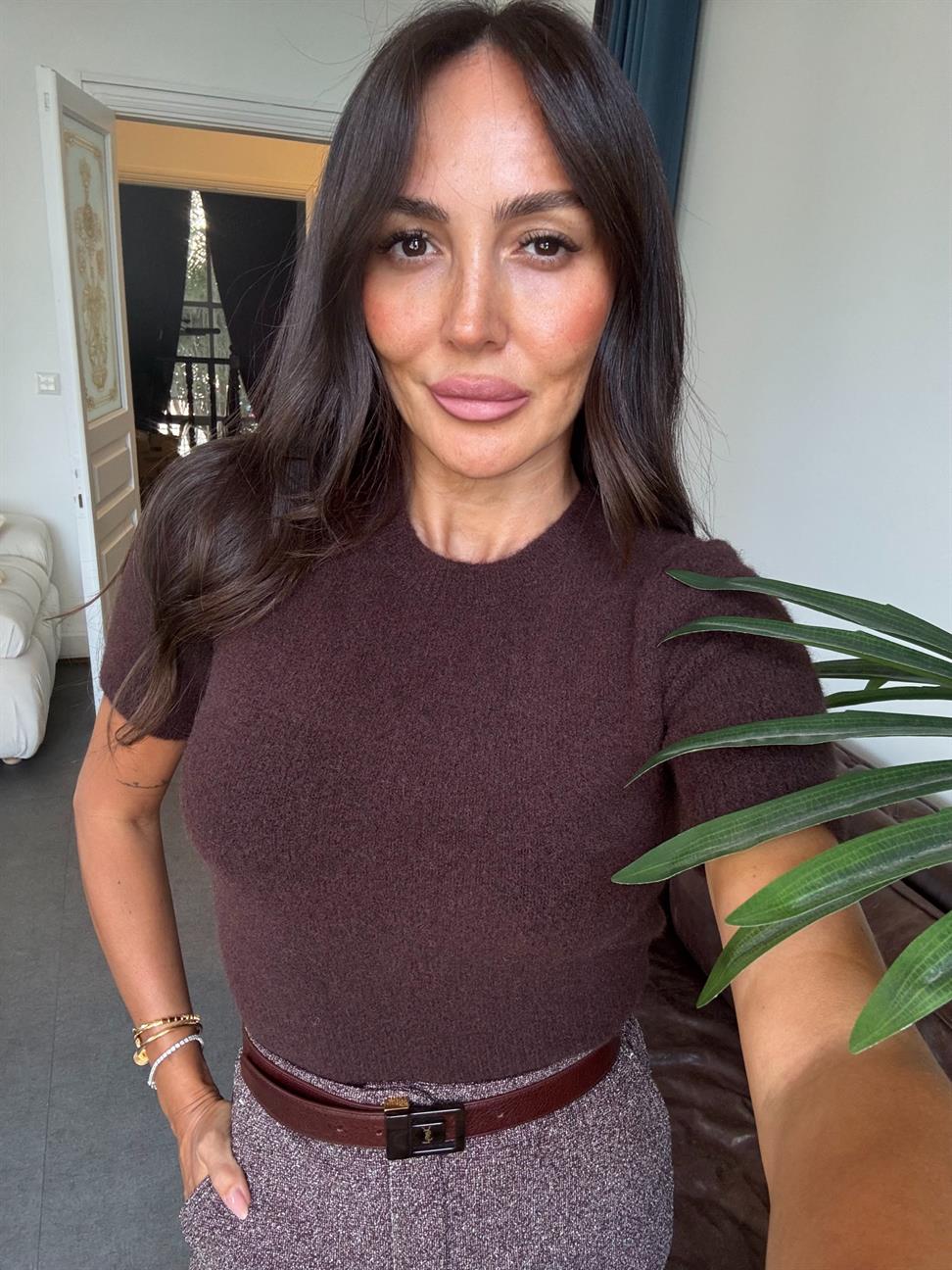 Kahve Bisiklet Yaka Yumuşak Dokulu Kısa Kol Triko Kazak