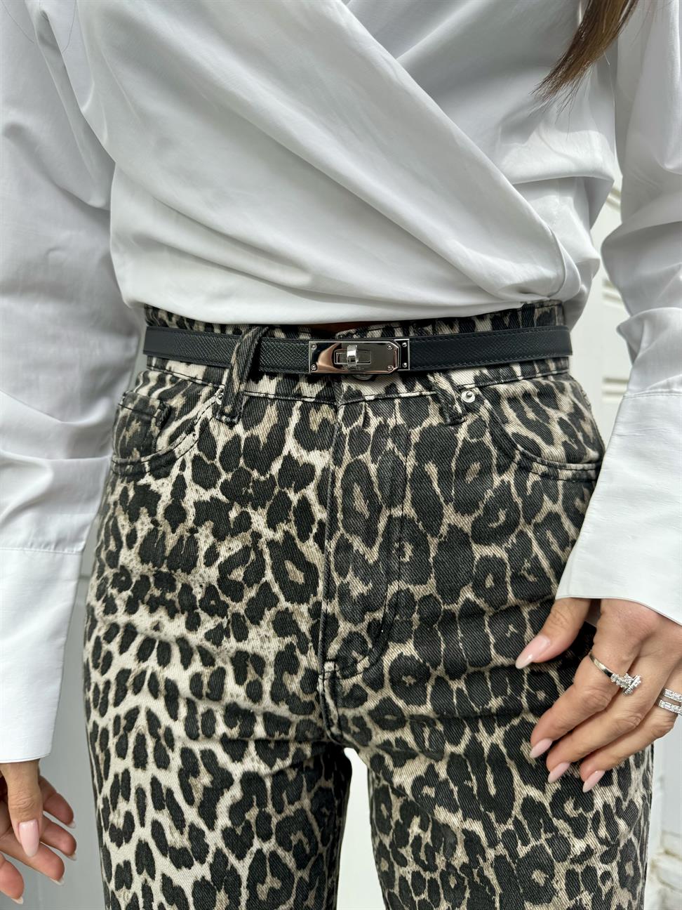 Kahve Boru Paça Leopar Jean