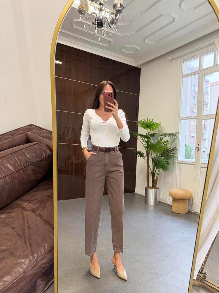 Kahve Çizgi Ütü İzli Skater Jean Pantolon