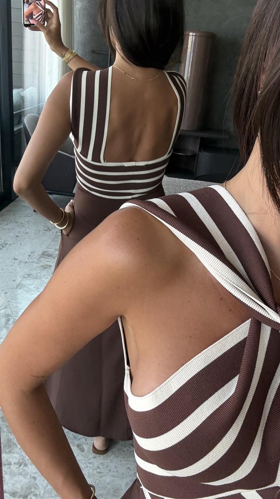 Kahve Çizgili Çapraz Kadın Elbise