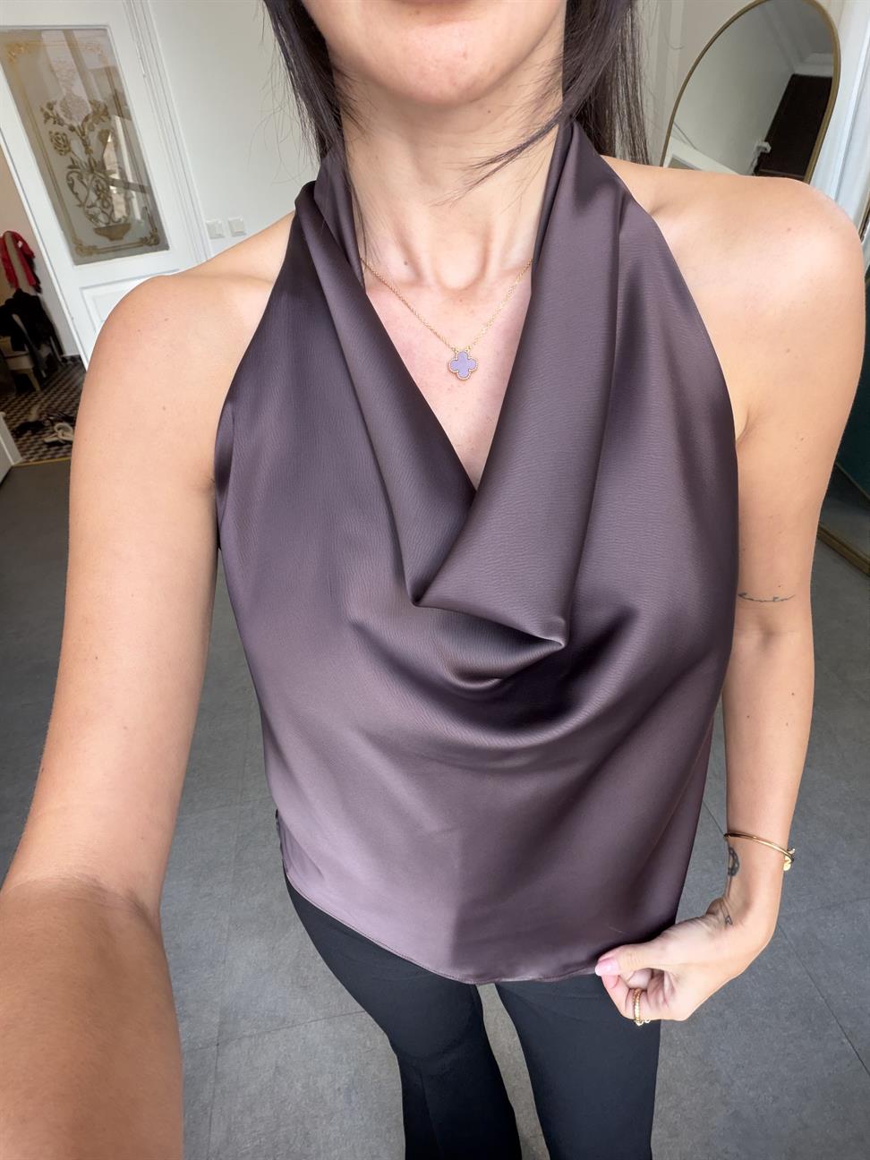 Kahve Degaje Yaka Saten Bluz