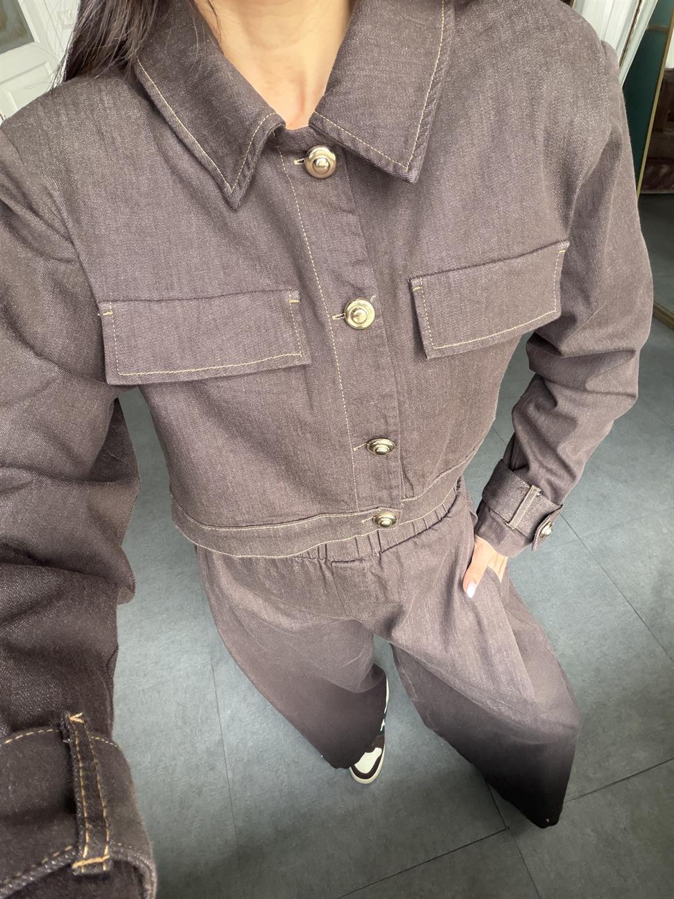 Kahve Denim Düğmeli Ceket
