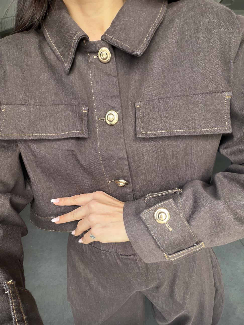 Kahve Denim Düğmeli Ceket