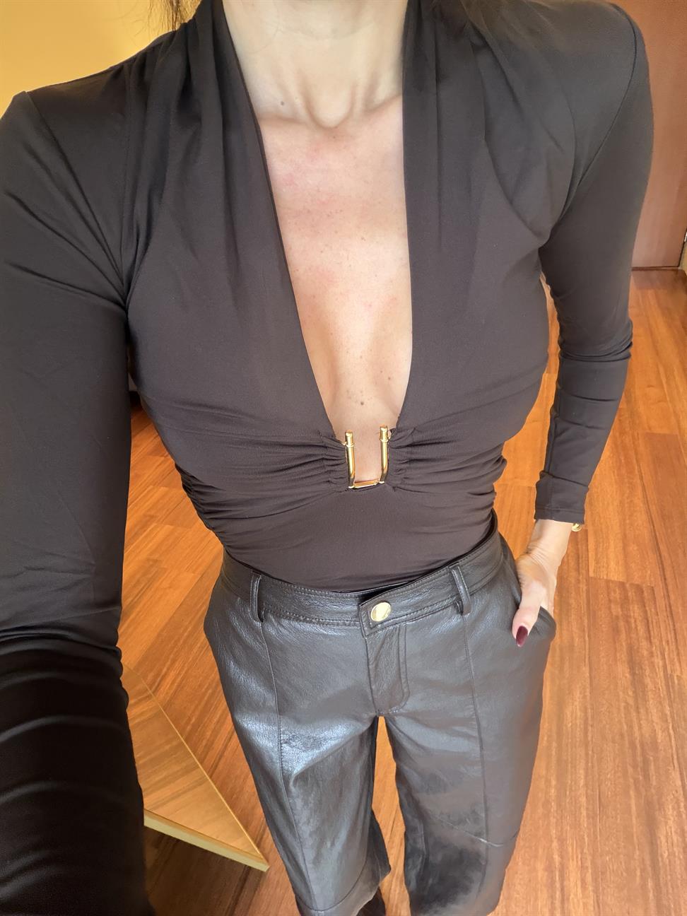 Kahve Derin V Yaka Bodysuit