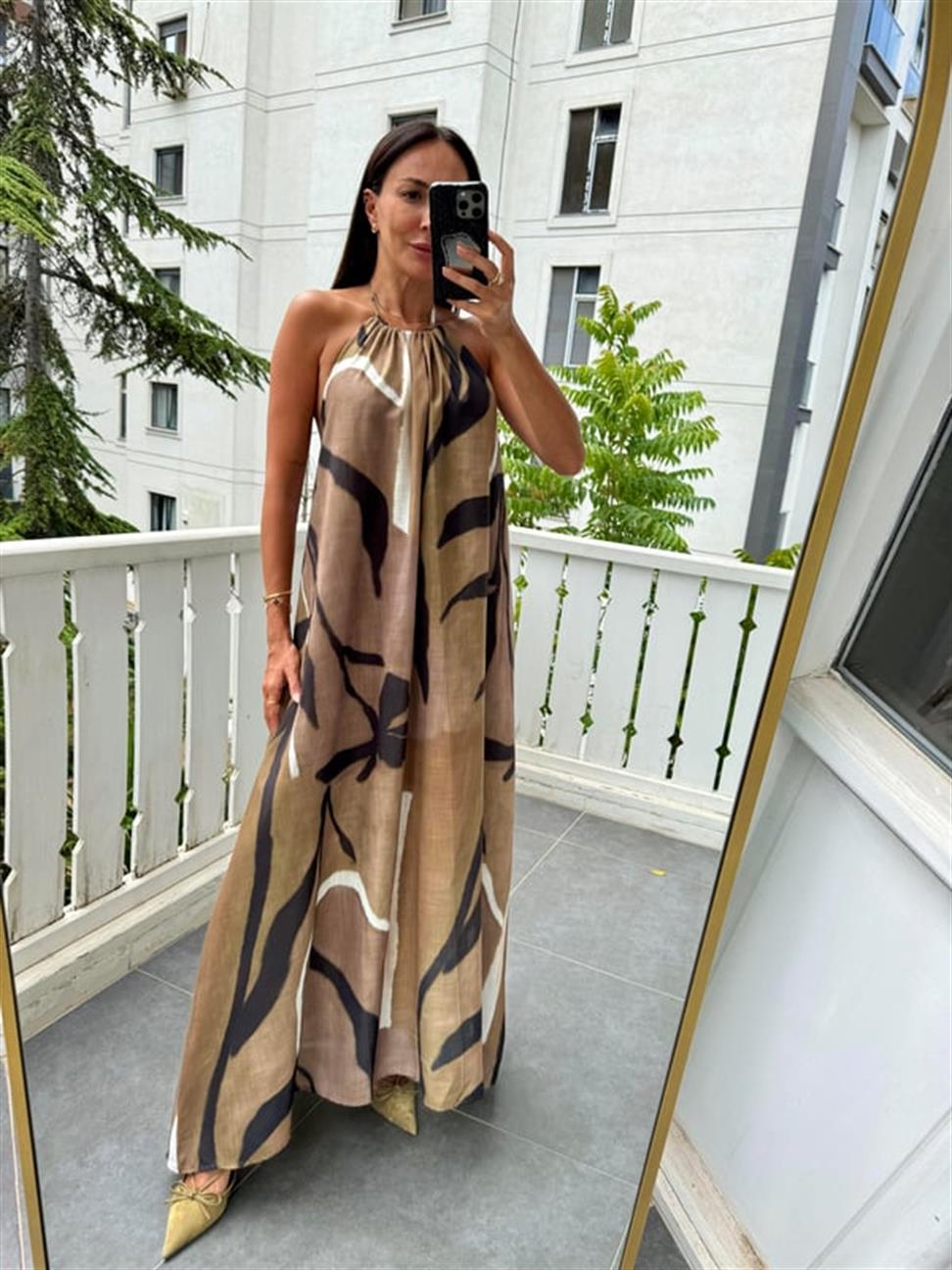 Kahve Desenli Bol Kesim Elbise