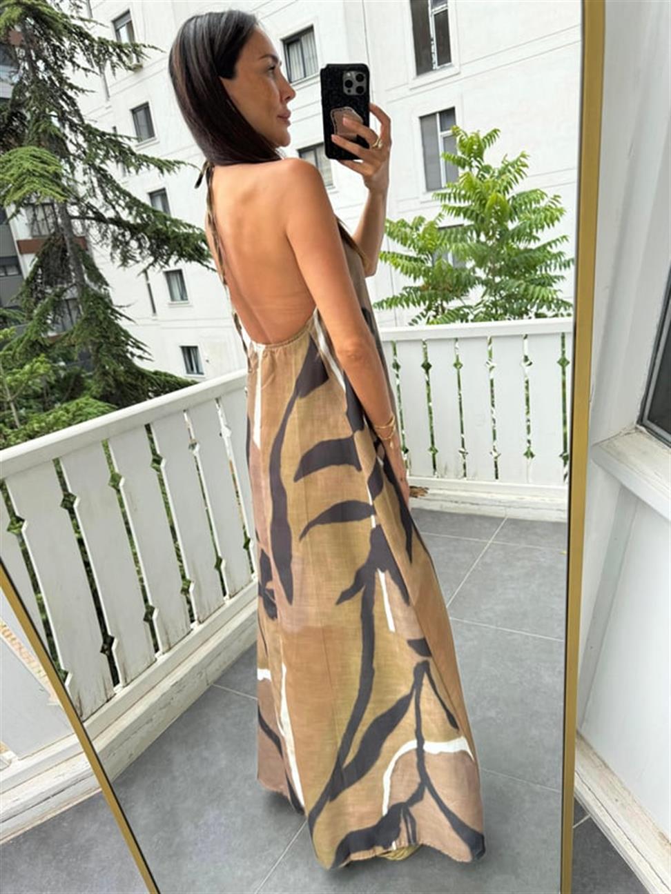 Kahve Desenli Bol Kesim Elbise