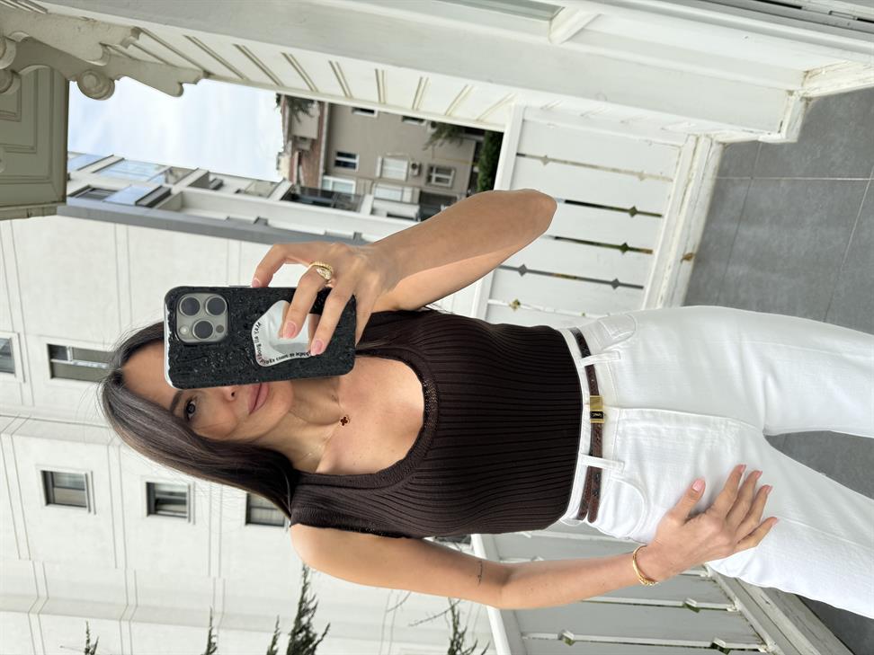 Kahve Dokulu İnce Triko Bluz