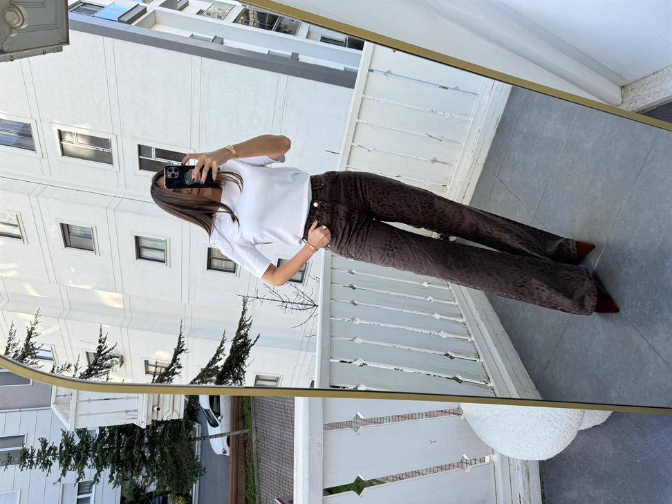 Kahve Dokulu Leopar Pantolon