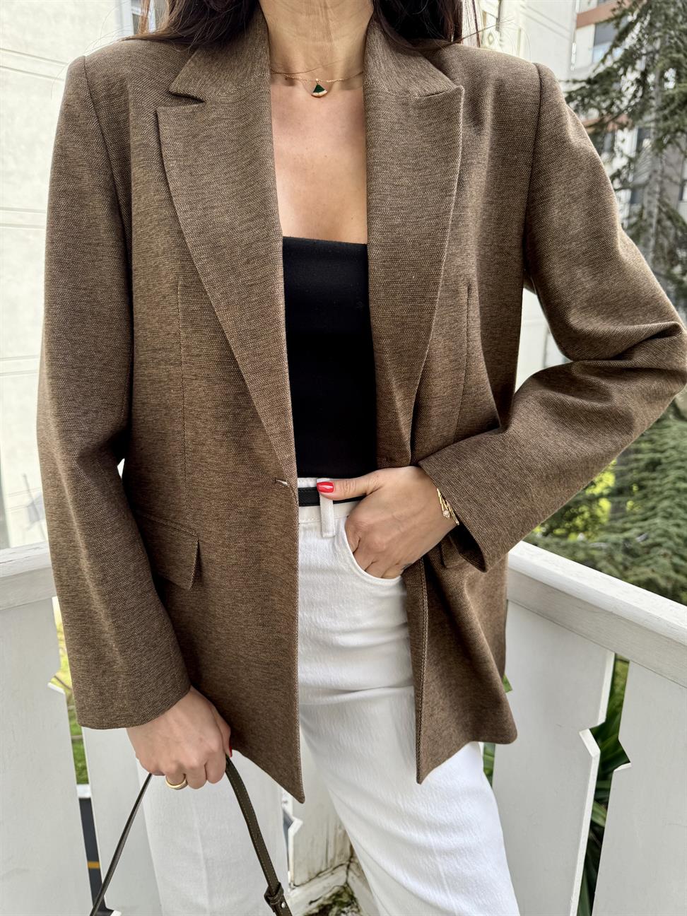 Kahve Dümdüz Fit Blazer