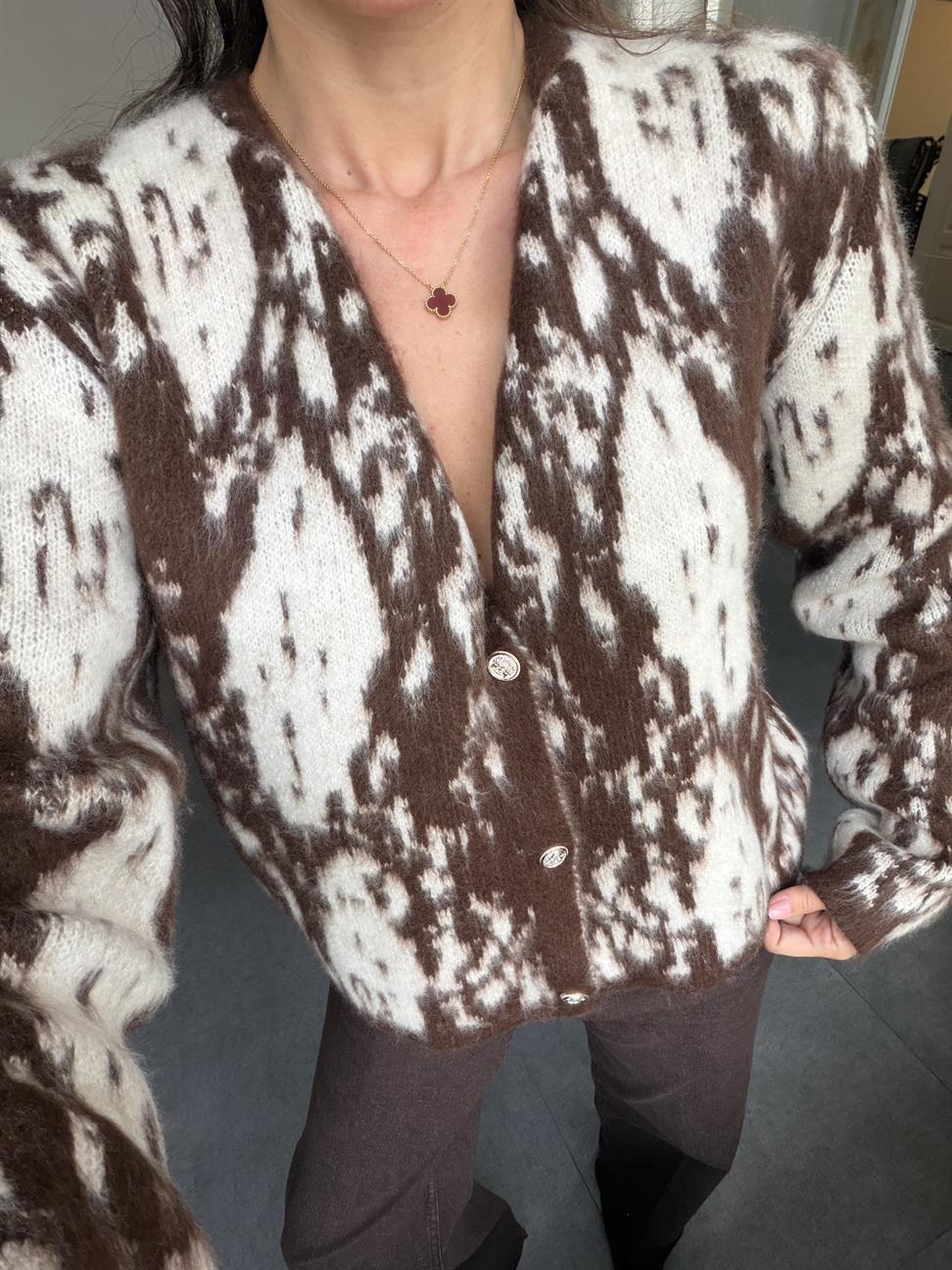 Kahve-Ekru 2 Renkli Düğmeli Hırka