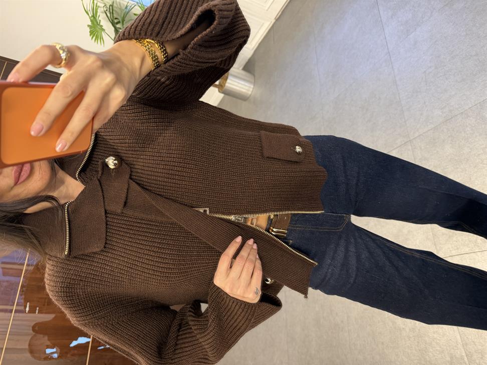 Kahve Fermuarlı Kemerli Düğmeli Yünlü Triko Hırka