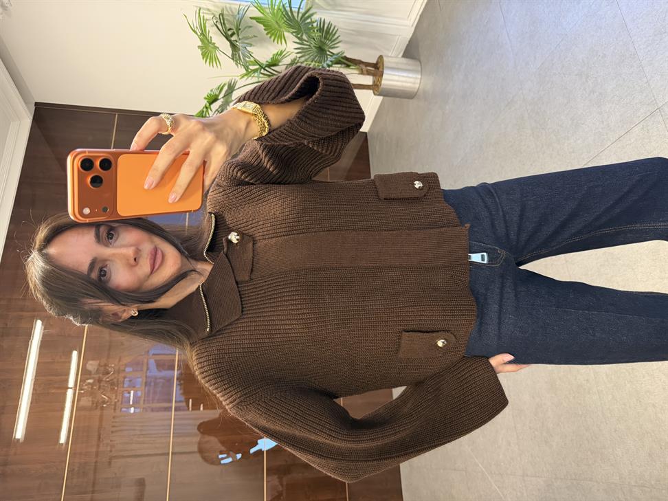 Kahve Fermuarlı Kemerli Düğmeli Yünlü Triko Hırka