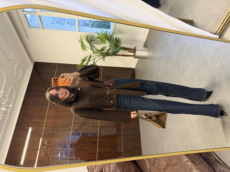 Kahve Fermuarlı Kemerli Düğmeli Yünlü Triko Hırka