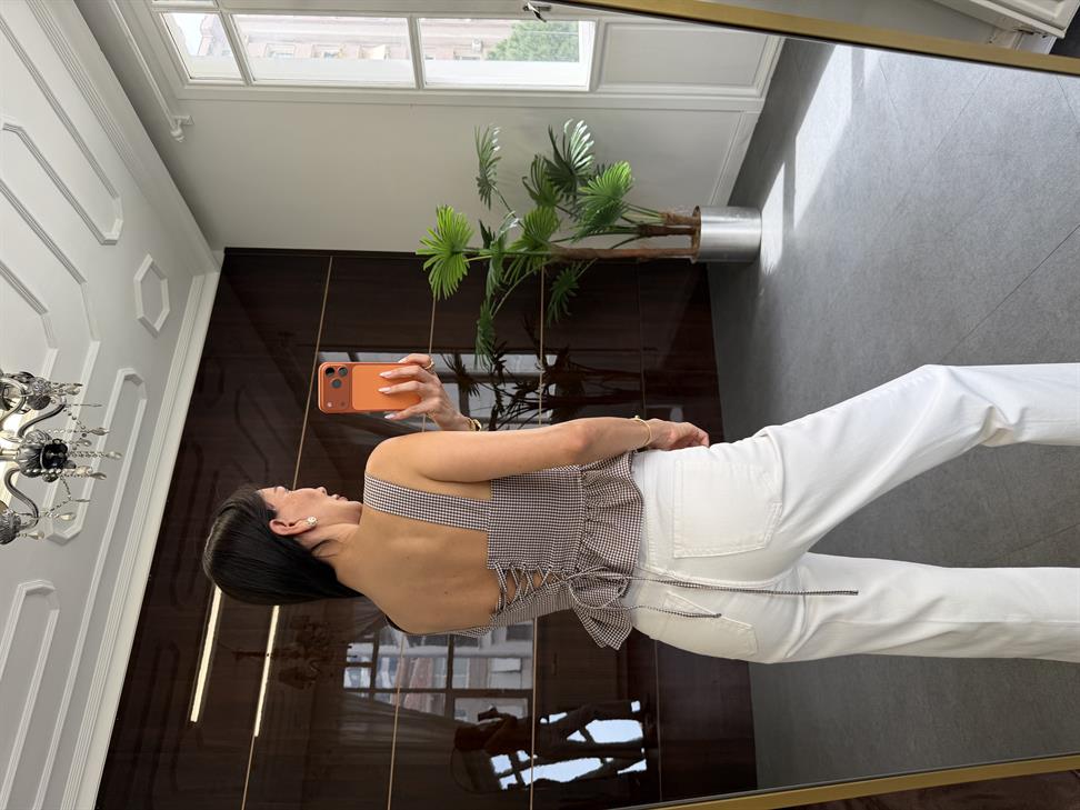 Kahve Fırfırlı Pötikare Bluz