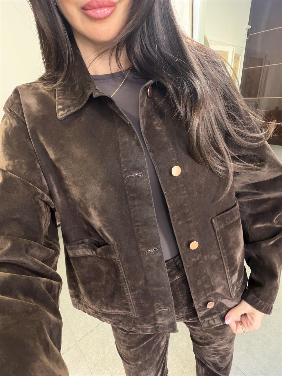 Kahve Flok Kaplama Cepli Ceket