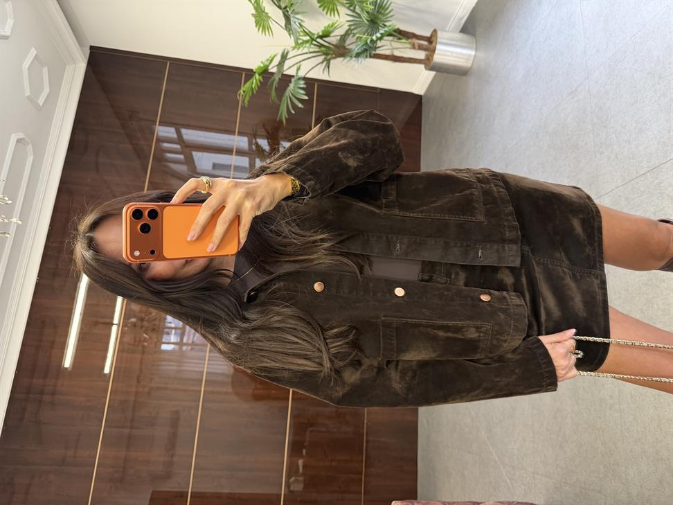 Kahve Flok Kaplama Cepli Ceket