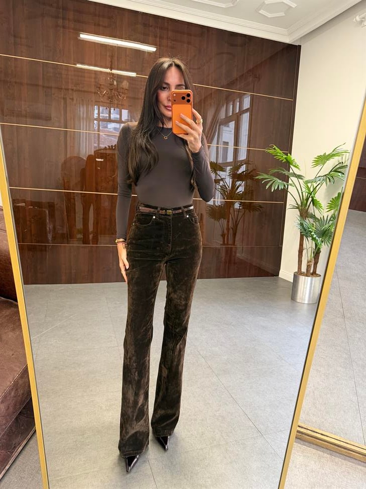 Kahve Flok Kaplama Flare Pantolon