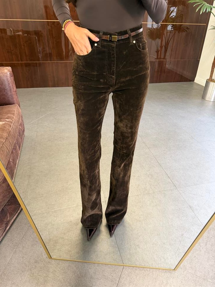 Kahve Flok Kaplama Flare Pantolon