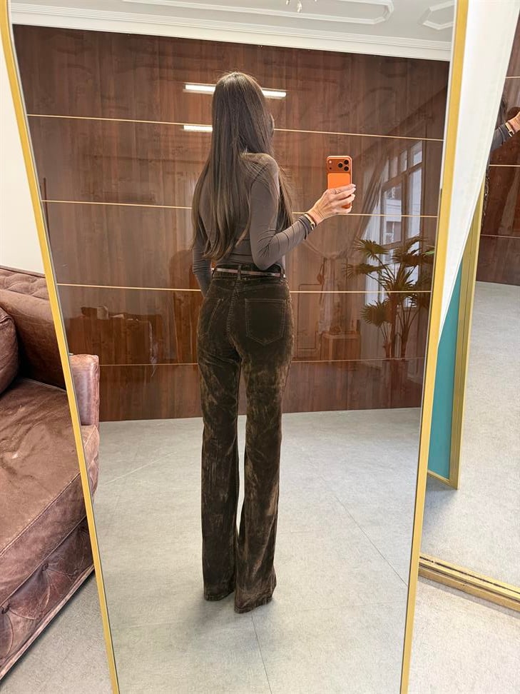 Kahve Flok Kaplama Flare Pantolon