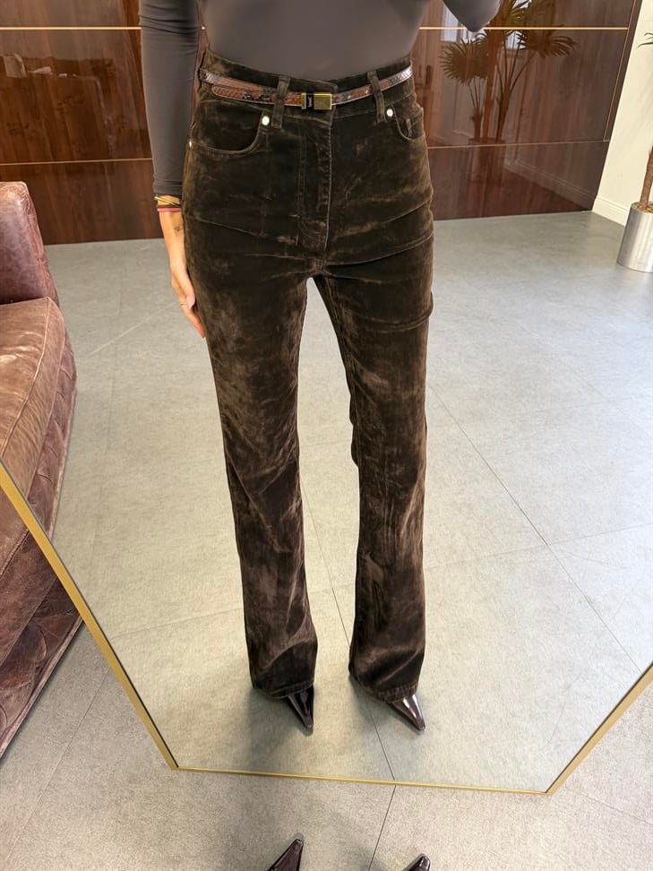 Kahve Flok Kaplama Flare Pantolon