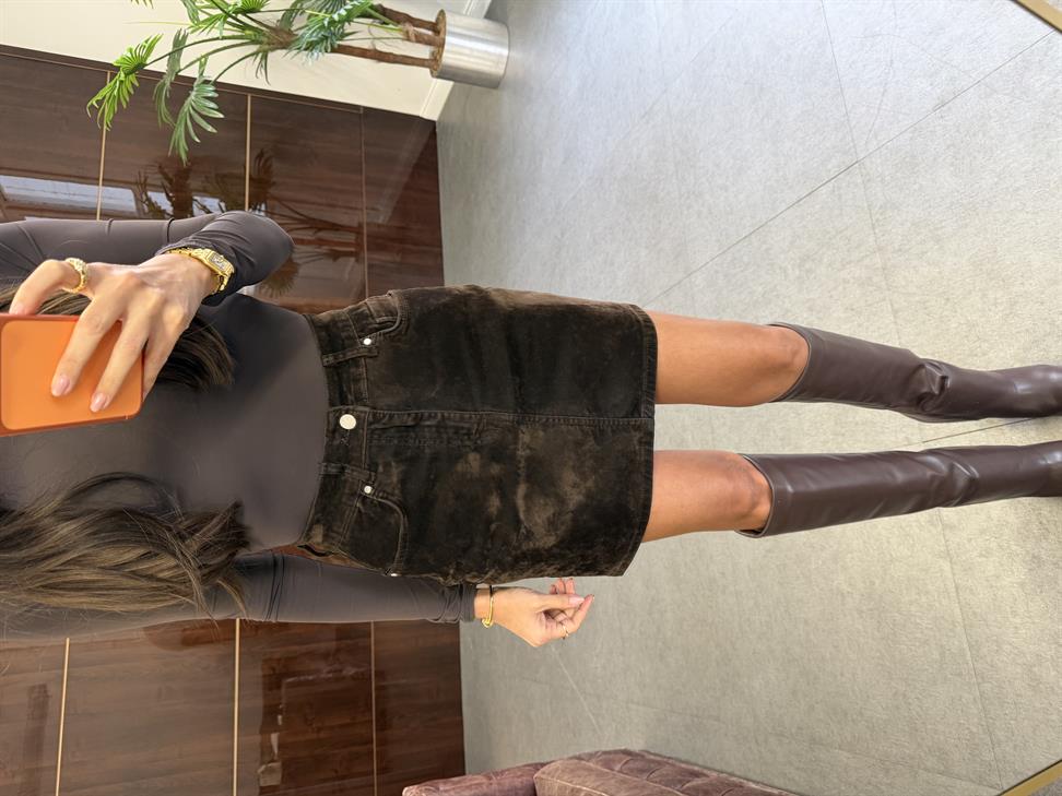 Kahve Flok Kaplama Likralı Mini Etek