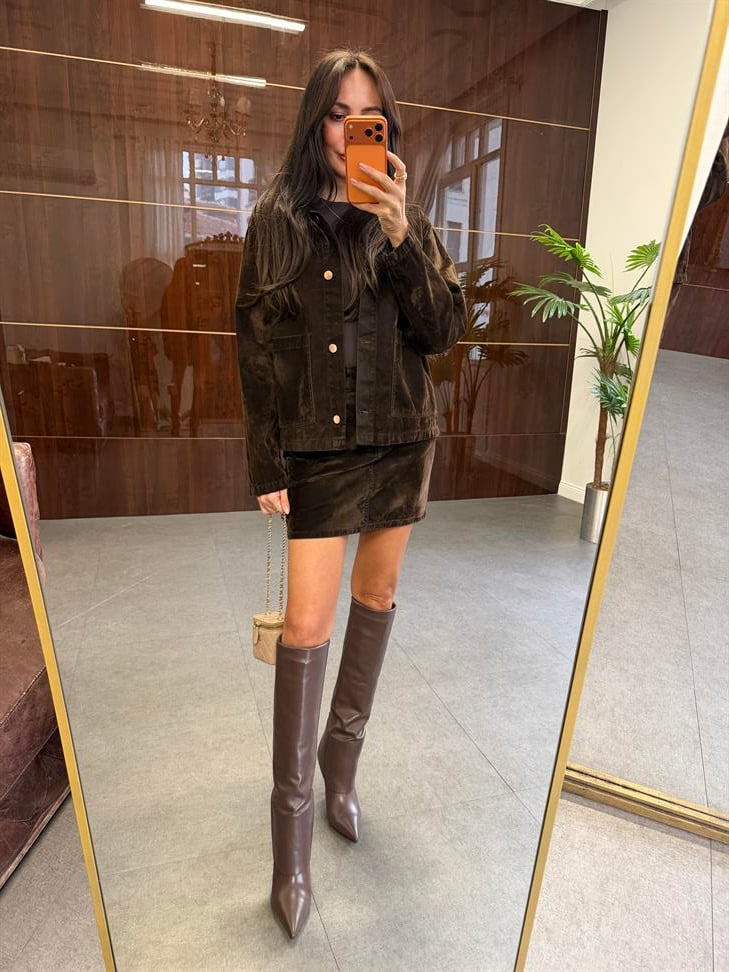 Kahve Flok Kaplama Likralı Mini Etek