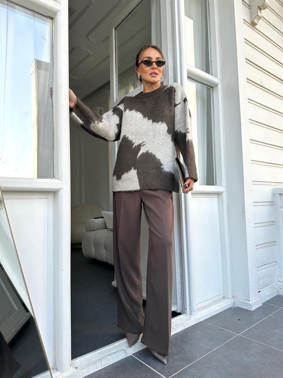 Kahve Geniş Paça Kadın Kumaş Pantolon