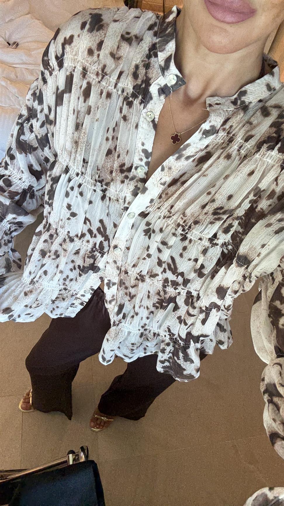 Kahve Gipeli Leopar Şifon Gömlek