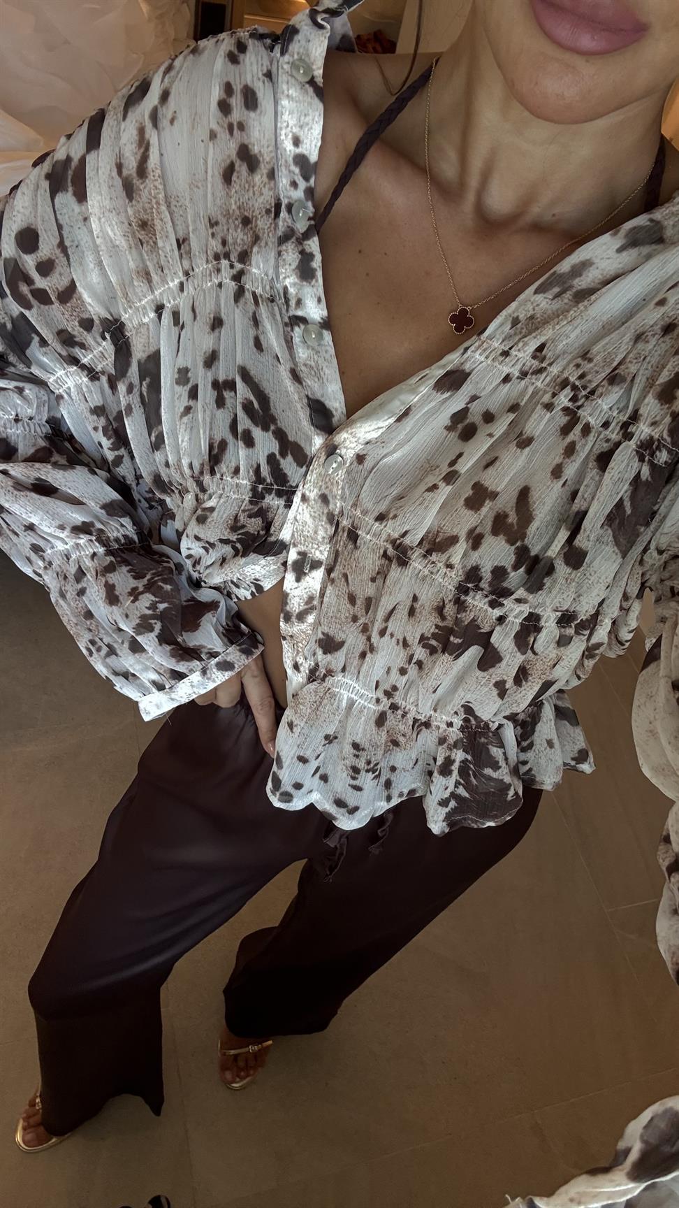 Kahve Gipeli Leopar Şifon Gömlek