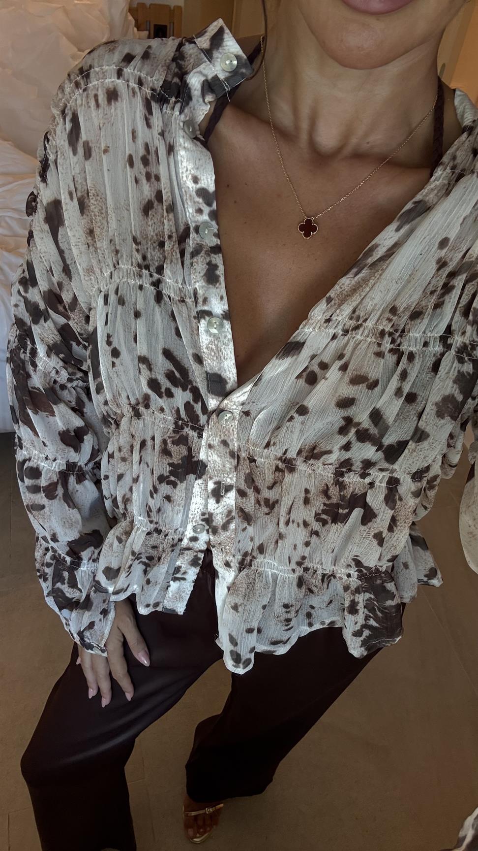 Kahve Gipeli Leopar Şifon Gömlek