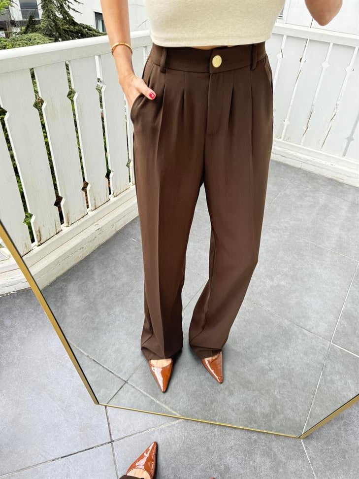 Kahve Gold Düğmeli Beli Lastikli Palazzo Pantolon