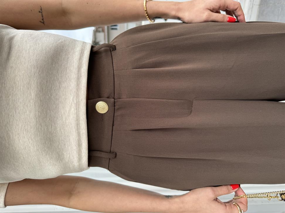 Kahve Gold Düğmeli Beli Lastikli Palazzo Pantolon