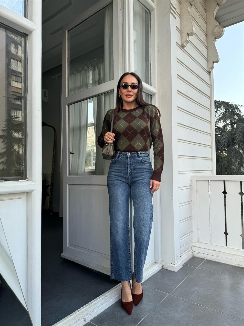 Kahve-Haki Baklava Desen Kazak