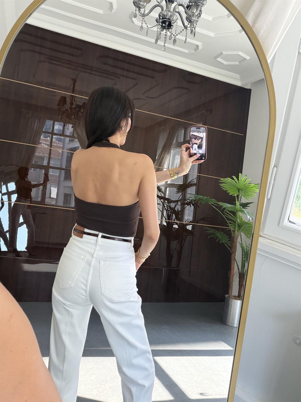 Kahve Halter Kesim Fitted Bluz