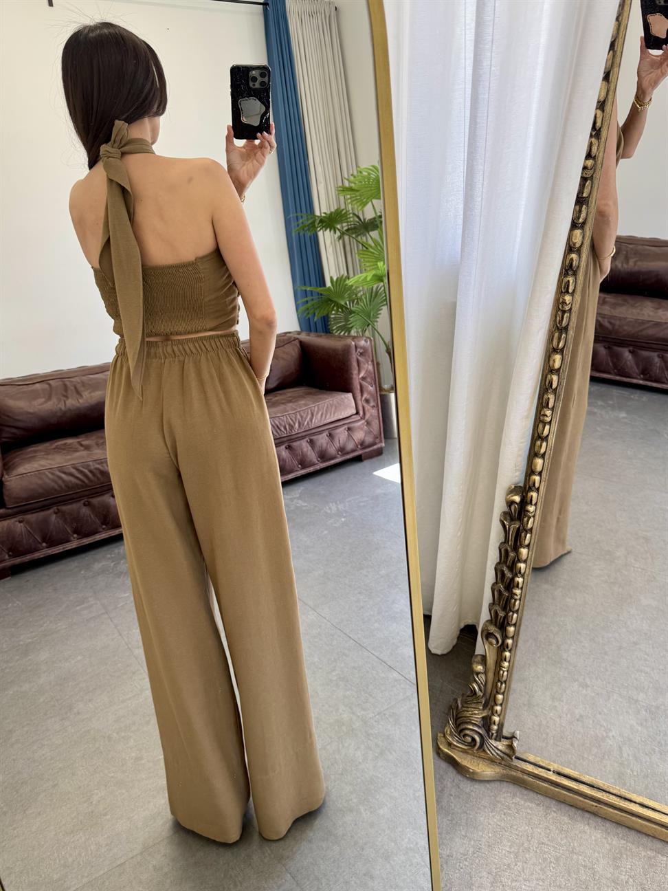 Kahve Halter Yaka Bluz Takım