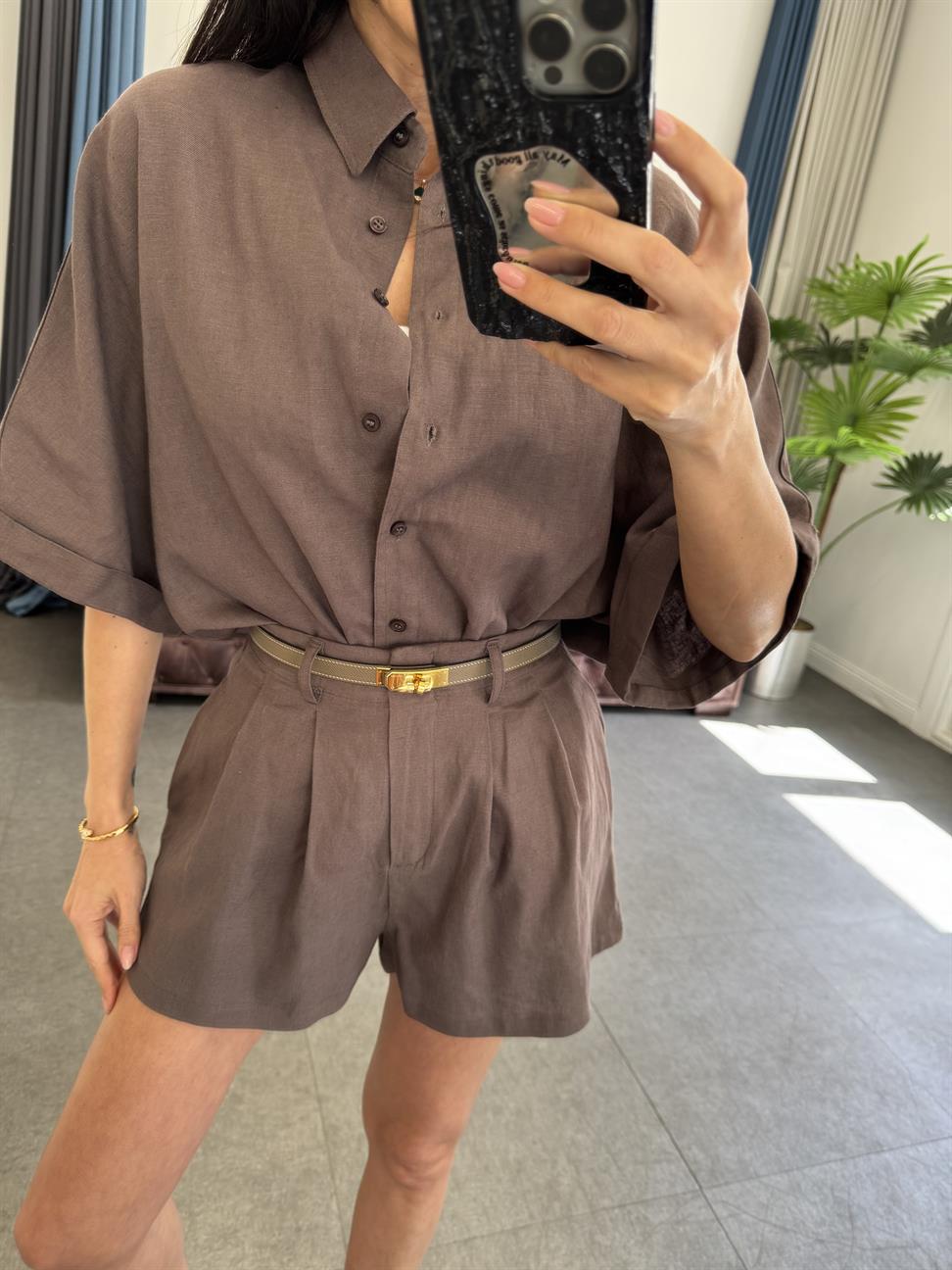 Kahve Hasır Kemerli Gömlek Şort Takım