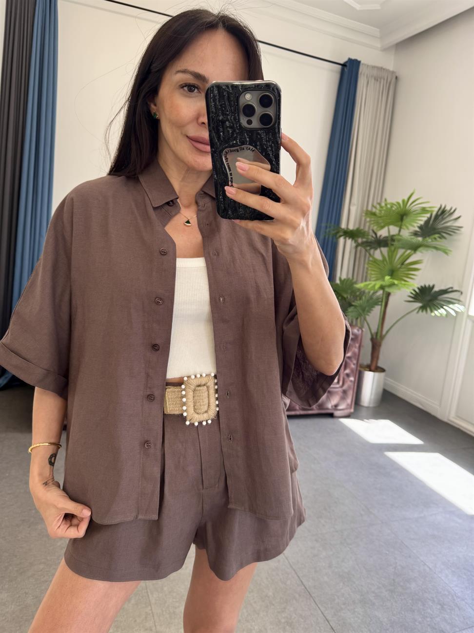 Kahve Hasır Kemerli Gömlek Şort Takım