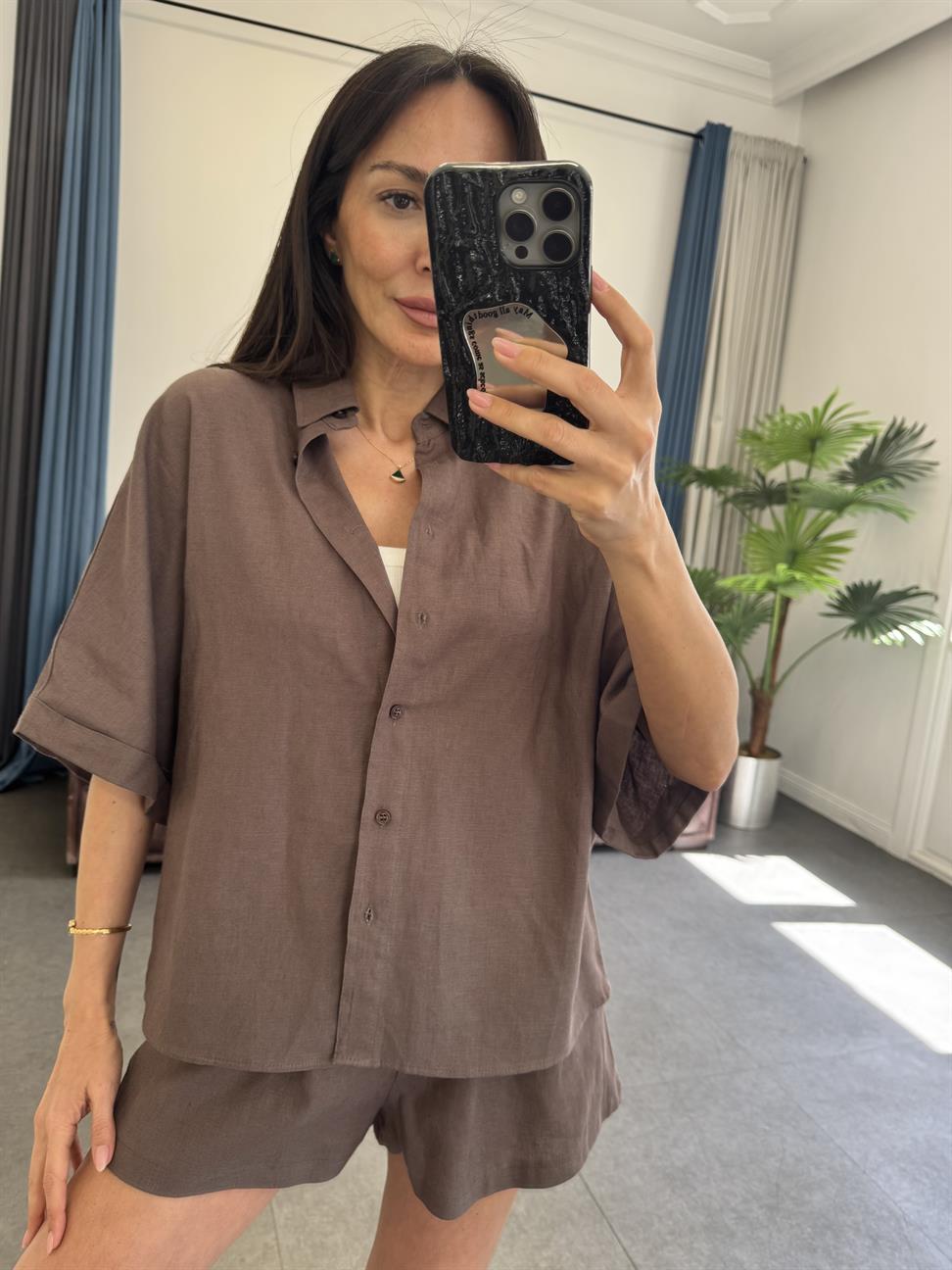 Kahve Hasır Kemerli Gömlek Şort Takım