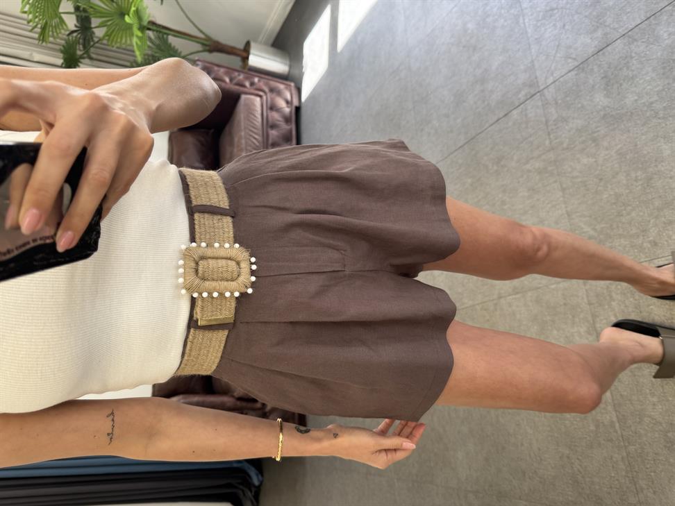 Kahve Hasır Kemerli Gömlek Şort Takım