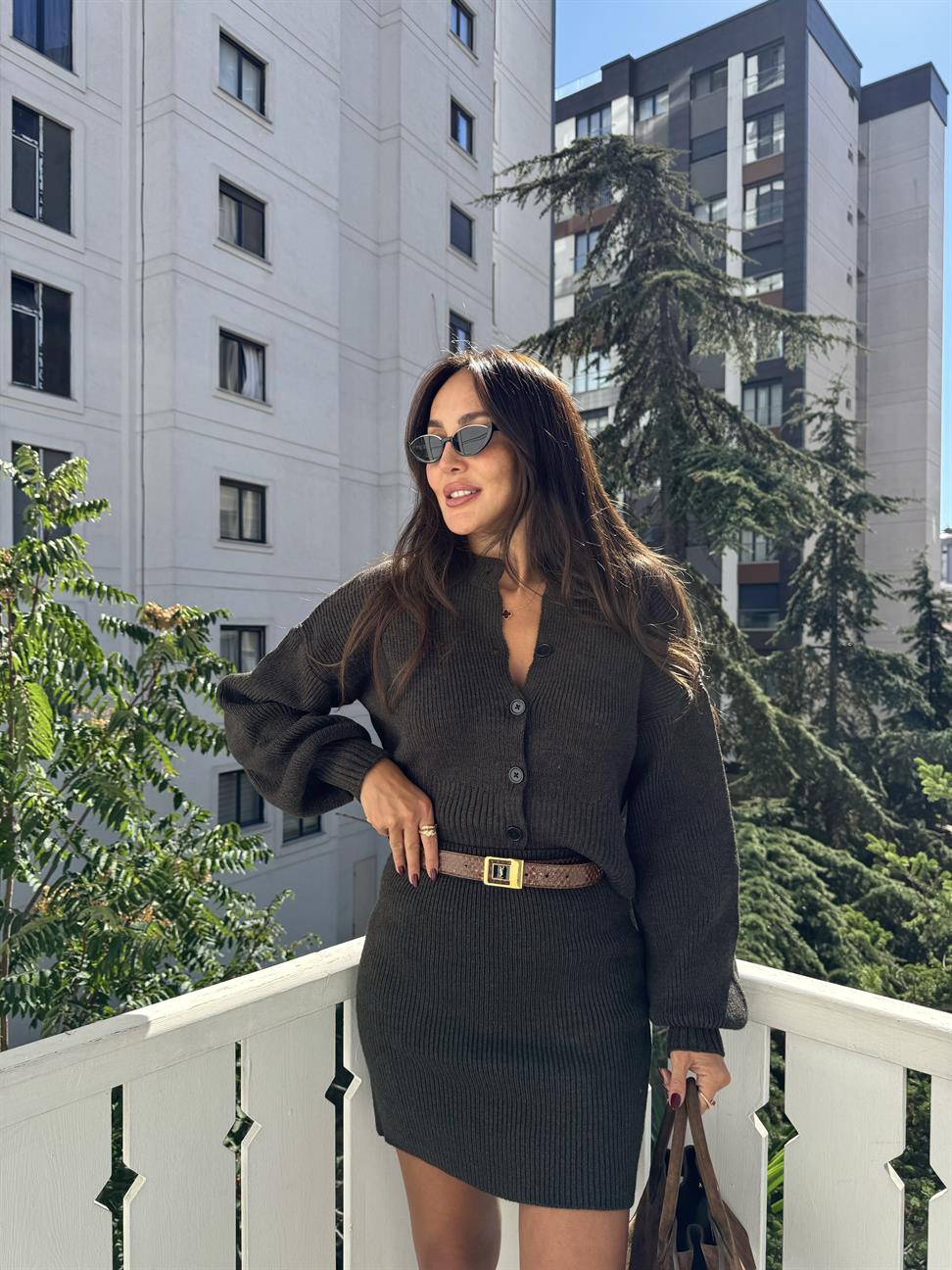 Kahve Hırka Etek 2li Takım