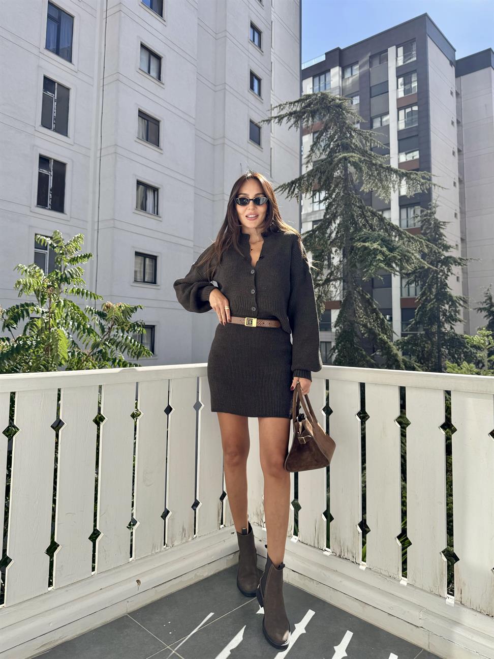 Kahve Hırka Etek 2li Takım