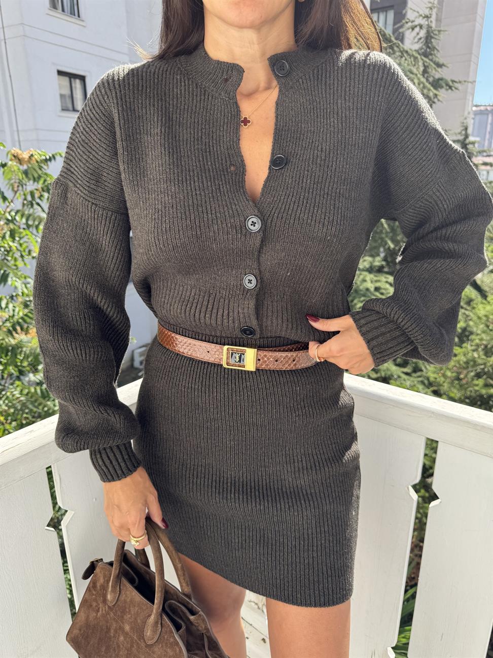 Kahve Hırka Etek 2li Takım